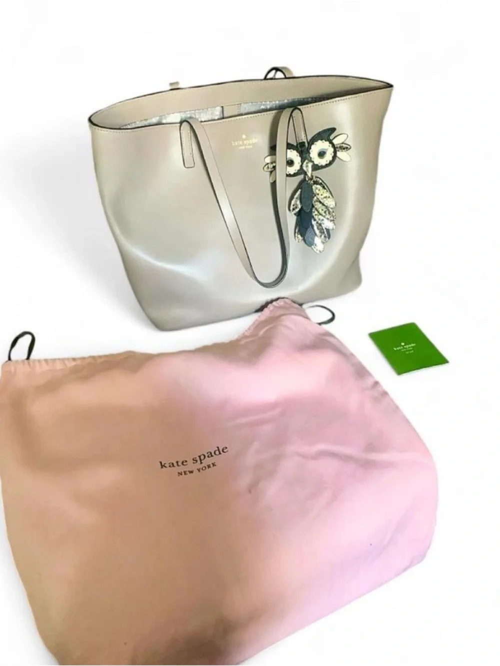 Kate Spade Star Bright Owl Little Len Leather Tote Cityscape Taupe Grey WKRU5675